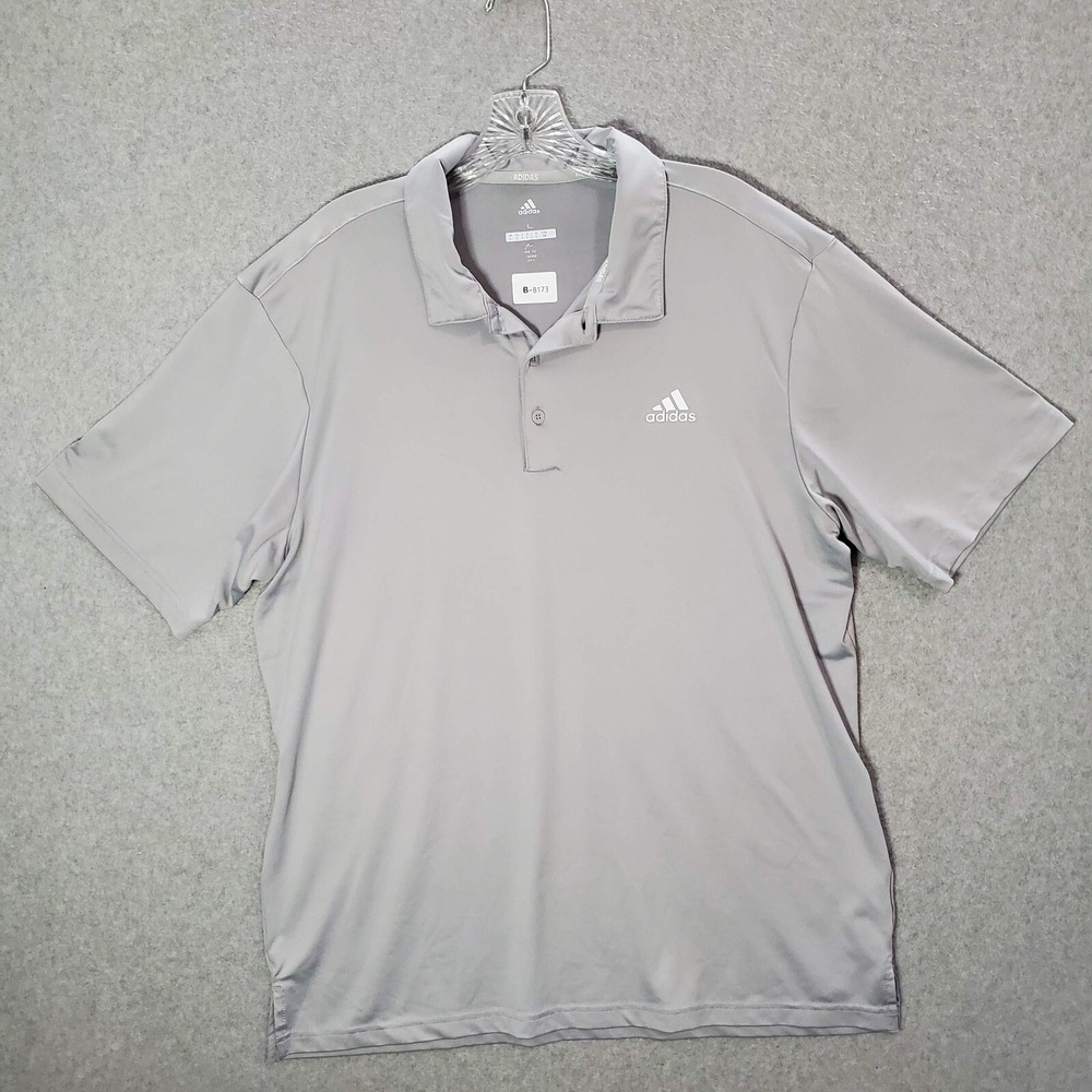 Adidas Men Polo Shirt L Gray Logo Golf Short Sleeve Collar